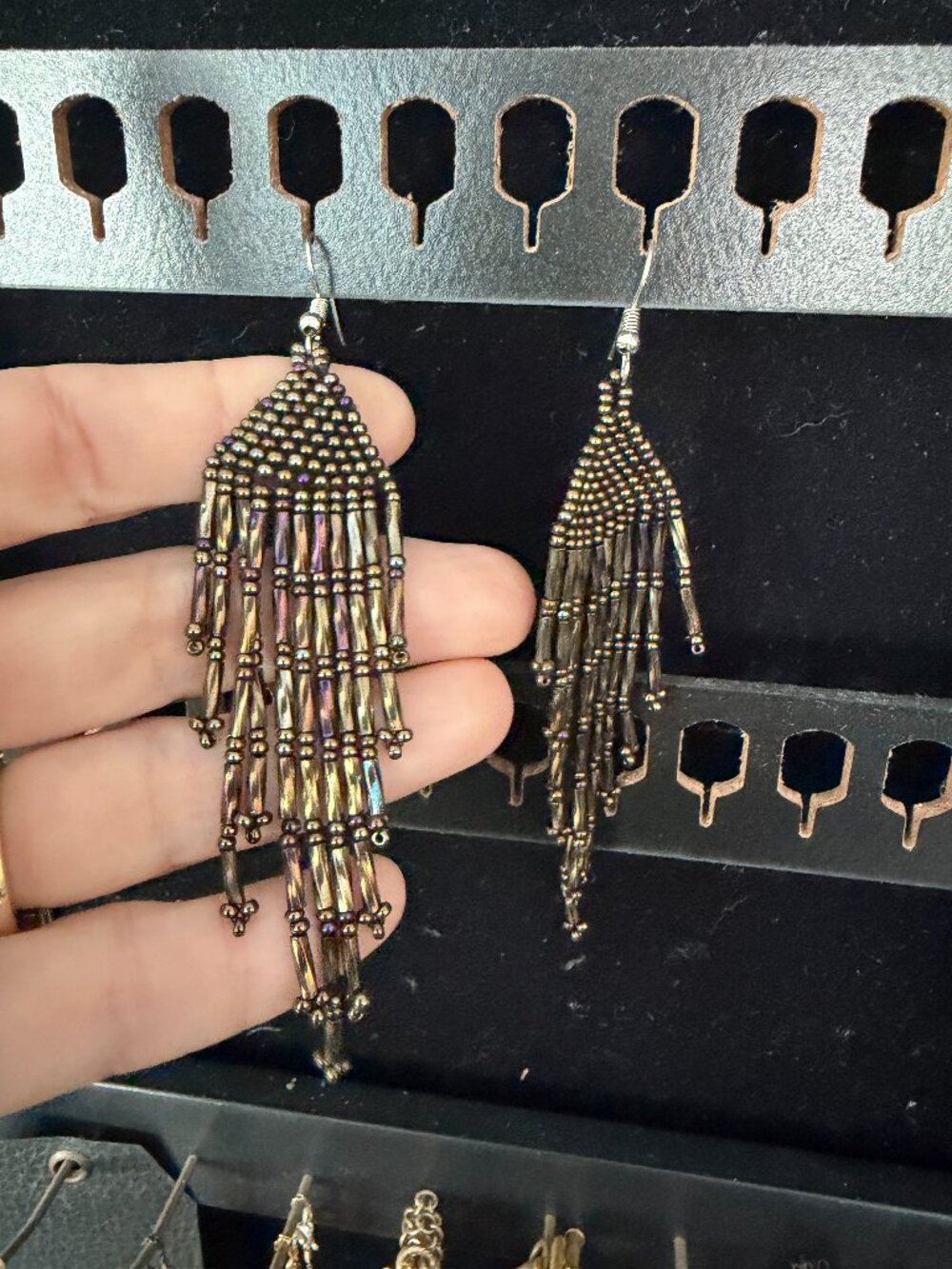 Vintage Bronze -y Gold Black Metallic Chandelier Beaded Earrings